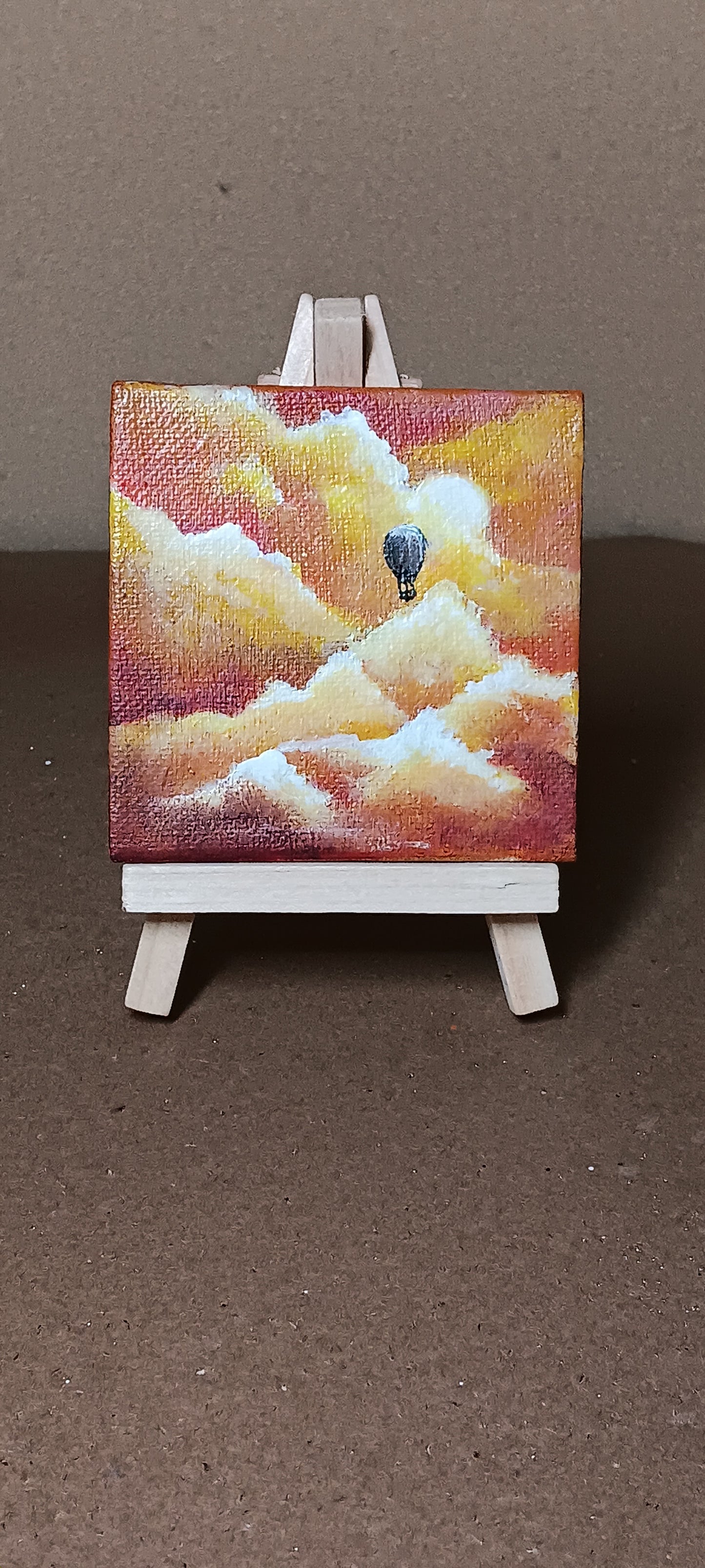 "Balloon Ride" Original Artwork, 3×3in. Acrylic on Canvas Board with Wood Display Easel