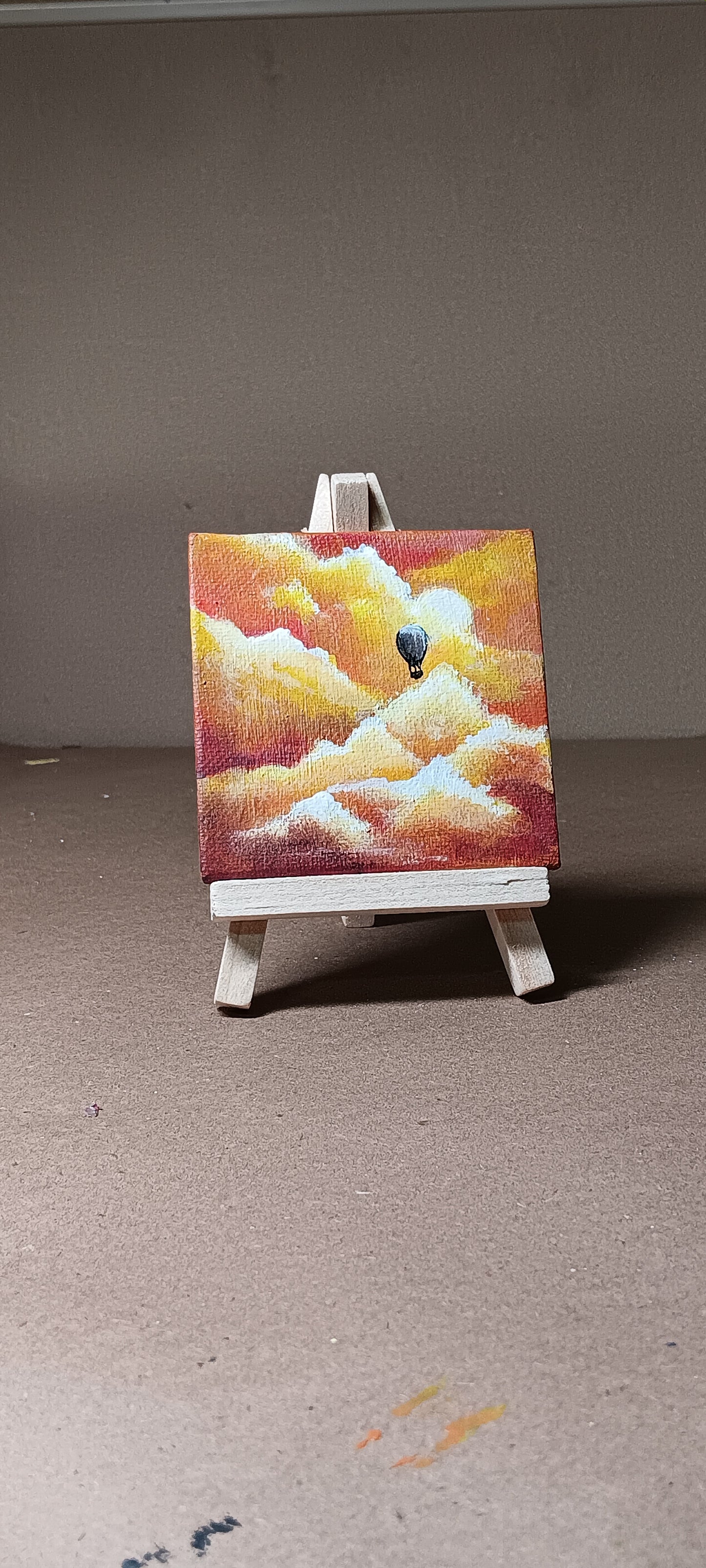 "Balloon Ride" Original Artwork, 3×3in. Acrylic on Canvas Board with Wood Display Easel