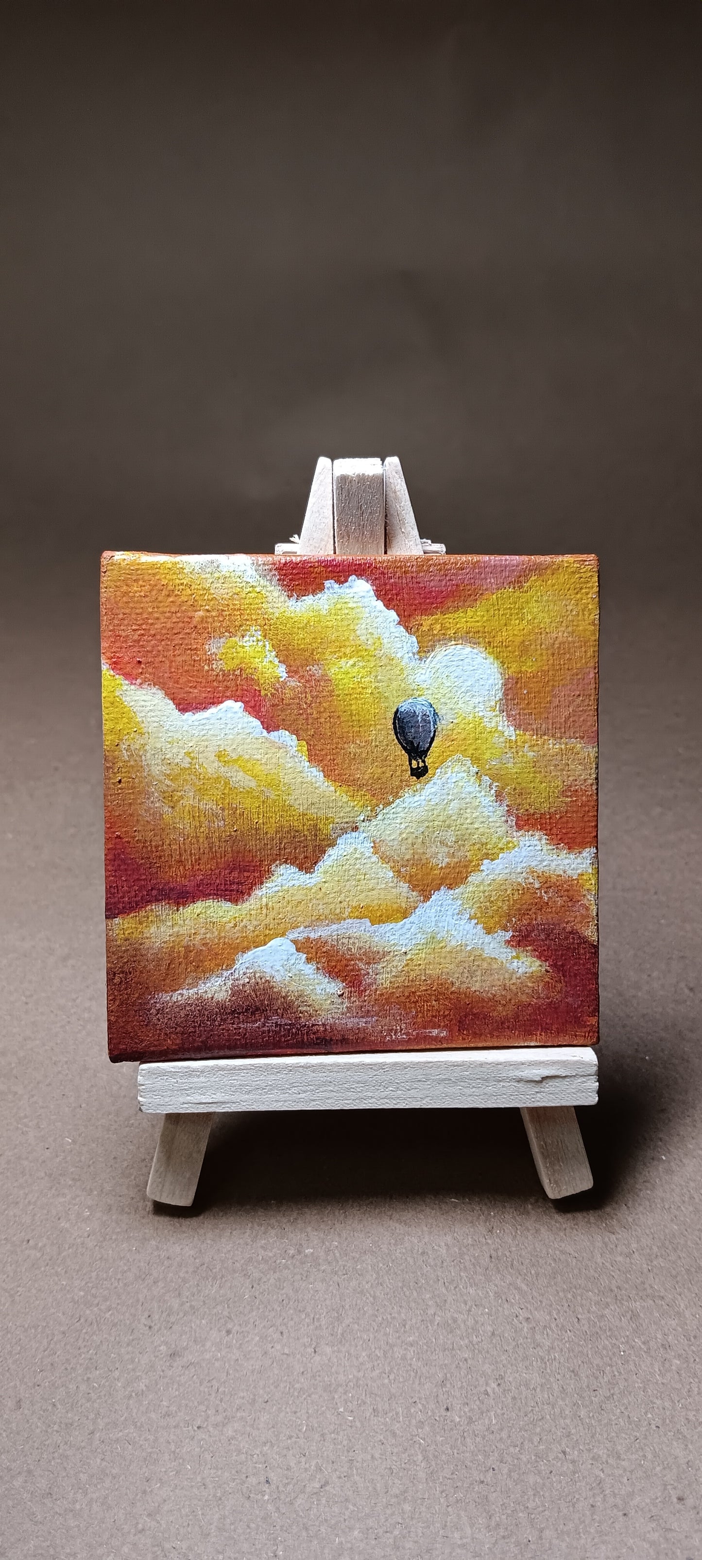 "Balloon Ride" Original Artwork, 3×3in. Acrylic on Canvas Board with Wood Display Easel