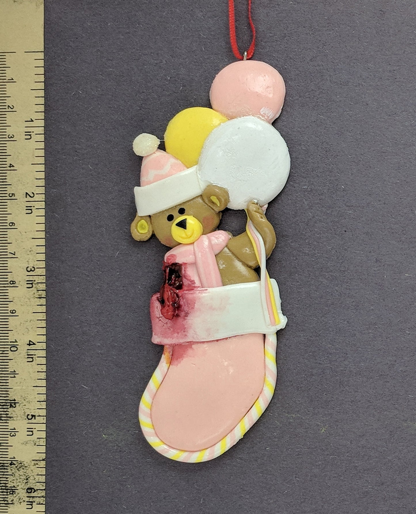 Teddy Bear In Pink Stocking With Missing Arm Christmas Ornament
