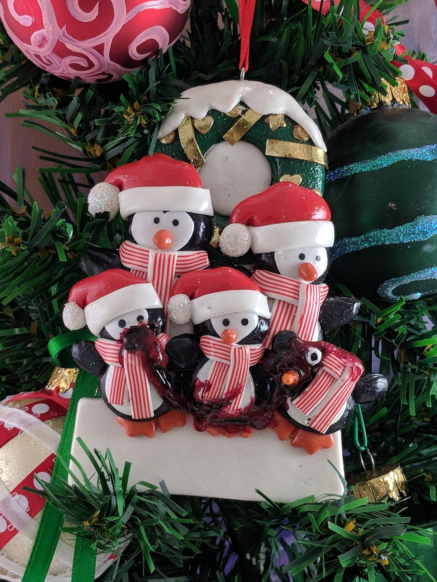 Penguin Family With Zombie Child Christmas Ornament