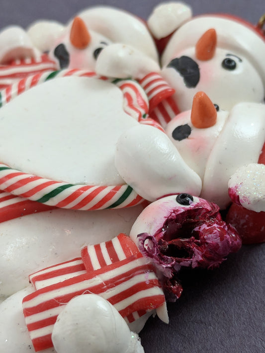 Snowman Family With One Dead Christmas Ornament