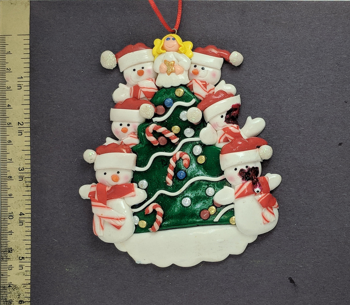 Snowmen Family of Six Around Tree Christmas Ornament