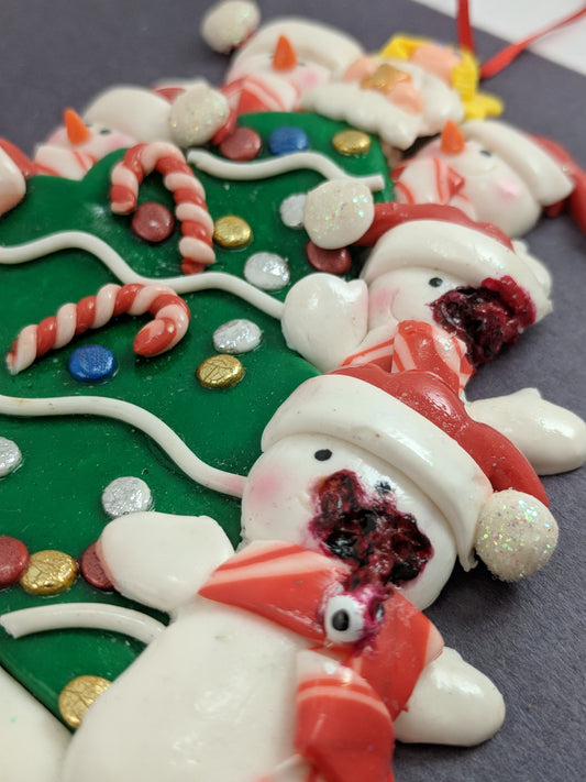 Snowmen Family of Six Around Tree Christmas Ornament