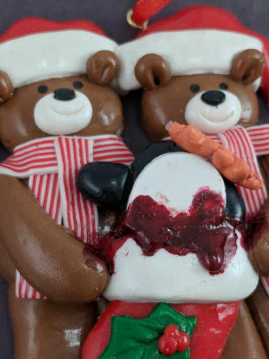 Teddy Bear Couple With Penguin In A Stocking Christmas Ornament