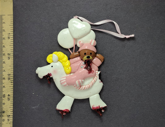 Pink Zombie Baby On Undead Rocking Horse with Balloons Christmas Ornament