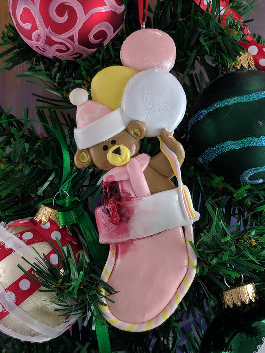 Teddy Bear In Pink Stocking With Missing Arm Christmas Ornament