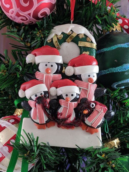 Penguin Family With Zombie Child Christmas Ornament