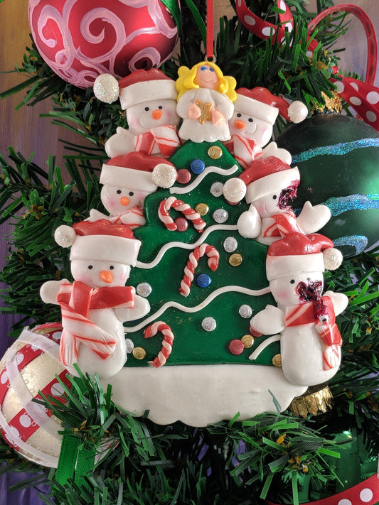 Snowmen Family of Six Around Tree Christmas Ornament