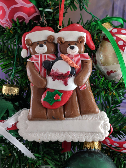 Teddy Bear Couple With Penguin In A Stocking Christmas Ornament