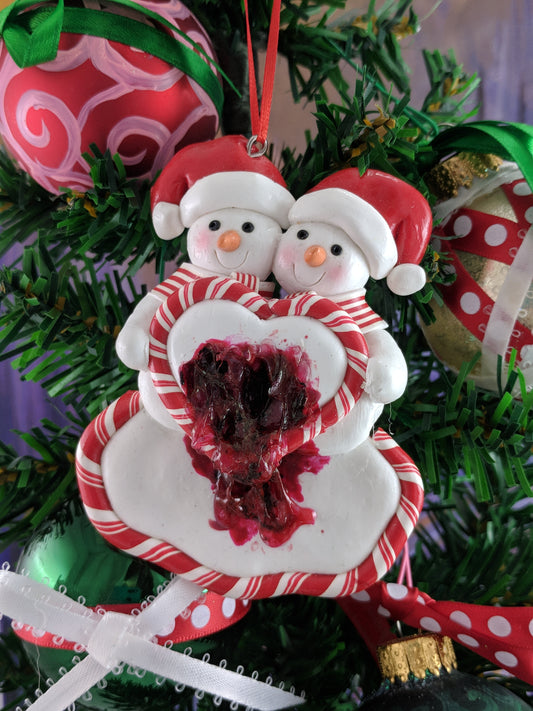 Snowman Couple With Bleeding Heart Ornament