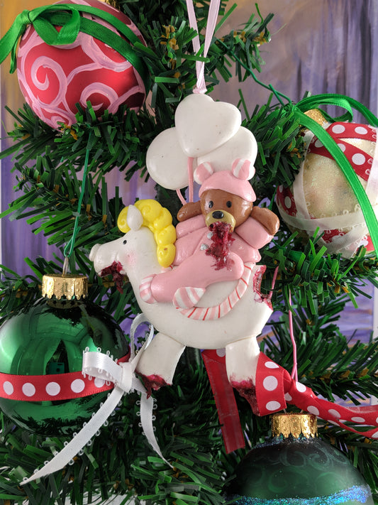 Pink Zombie Baby On Undead Rocking Horse with Balloons Christmas Ornament
